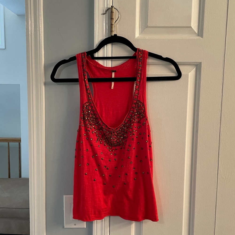 Free People red tank top with gold beads